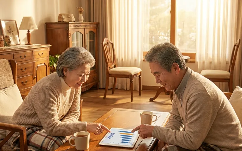 집에서 태블릿을 보며 노후 재정을 이야기하는 노부부의 모습, 노령연금 감액 제도 개선에 대한 기대감을 표현하고 있다.