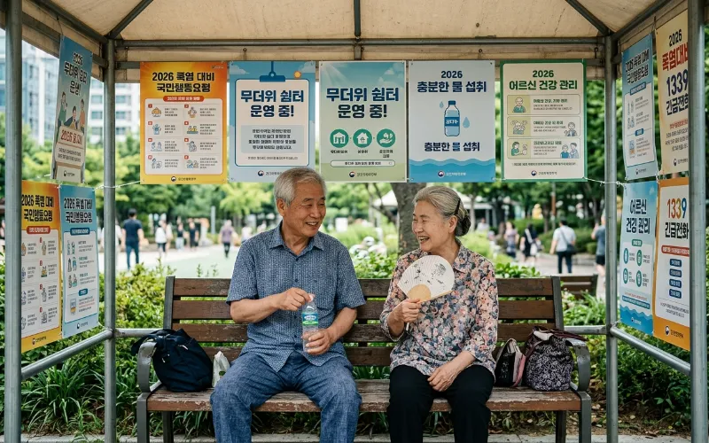 무더위 쉼터에서 시원한 바람을 쐬며 휴식을 취하고 있는 어르신들의 모습과 2026년 폭염 대책 안내 포스터