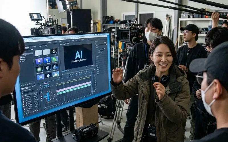 AI 영화 제작 - 영화 감독이 AI와 협력하여 영화를 제작하는 모습