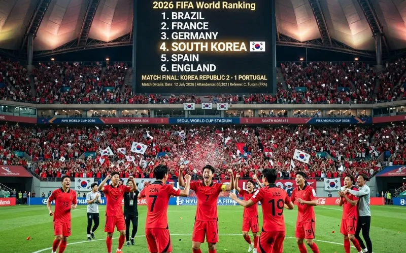 경기장 위 축구 선수들과 함께 보이는 2026년 FIFA 한국 축구 랭킹 보드