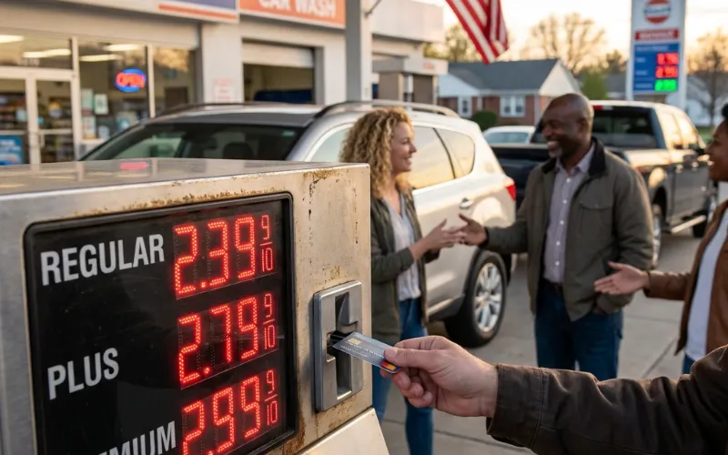 A close-up view of a gas pump's digital display showing fuel prices, with a blurred American flag or typical US gas station in the background.