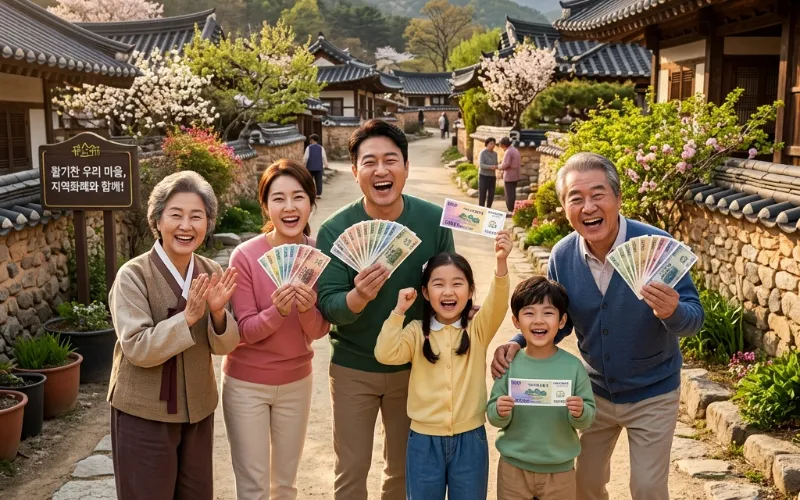농어촌 마을에서 지역 화폐를 들고 미소 짓는 가족의 모습, 현금성 지원금으로 지역 경제 활성화를 표현