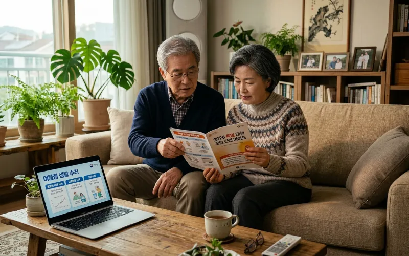 정부의 2026년 폭염 대책 발표 자료를 보며 여름철 안전 수칙을 확인하는 노년층 부부의 모습