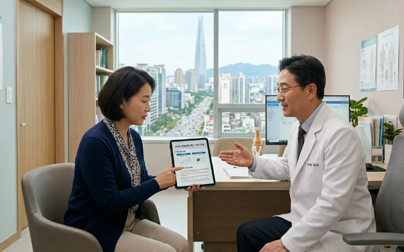 2026년 건강보험 개편 내용을 확인하며 의사와 상담을 나누고 있는 환자의 모습