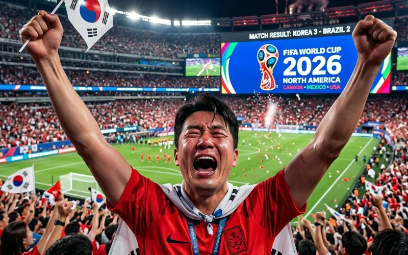 2026 북중미 월드컵 J조 - 밤하늘 아래 환하게 빛나는 대형 축구 경기장에 2026 북중미 월드컵 로고가 선명하게 보이는 모습