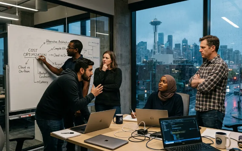 A diverse team of software engineers in a Seattle tech office discussing alternative AI architectures during a meeting.