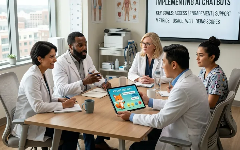A diverse group of US pediatric healthcare professionals discussing digital mental health integration during a clinical meeting.