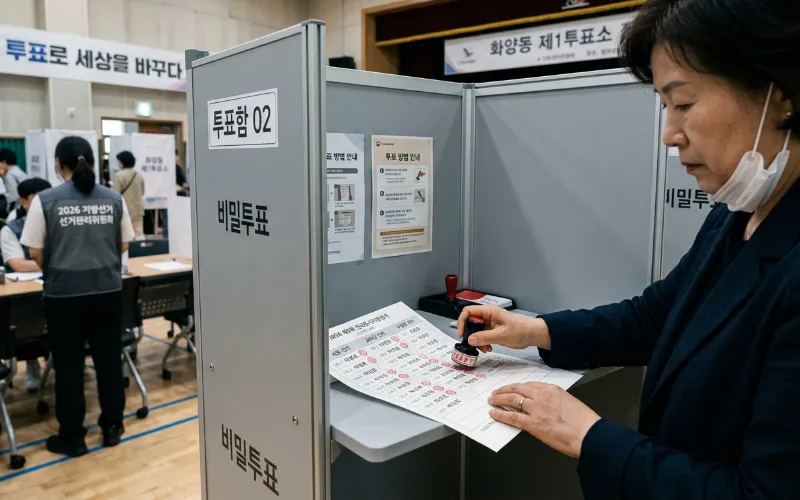 투표소에서 신중하게 투표 용지를 기표하고 있는 시민의 모습. 2026 지방선거의 중요한 순간을 담고 있습니다.