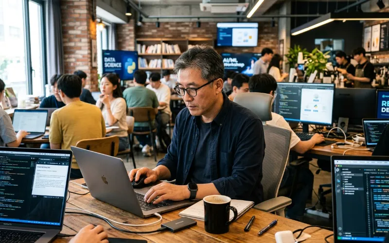 카페에서 노트북으로 IT 공부에 집중하는 50대 남성의 모습. 50대 재취업 IT 교육 현장의 활기찬 분위기.