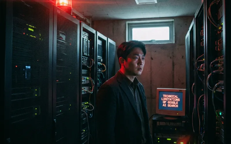 구글 AI 검색 시스템의 기술적 한계를 상징하는 붉은색 경고등이 켜진 서버실 전경