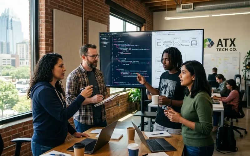 A diverse group of software developers in a modern Austin, Texas tech office collaborating on a screen displaying code and API integration diagrams.