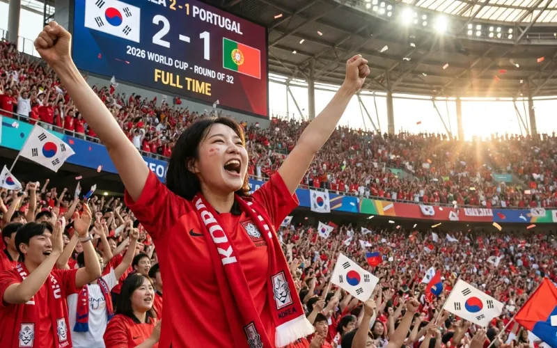 경기 결과와 득점 현황을 보여주는 대형 축구장 전광판. 2026 월드컵 32강 진출을 향한 치열한 경쟁을 시사합니다.