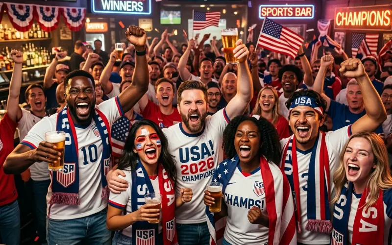 A diverse crowd of enthusiastic fans, including men, women, and children of various ethnicities, cheering loudly inside SoFi Stadium during a USMNT 2026 World Cup match.