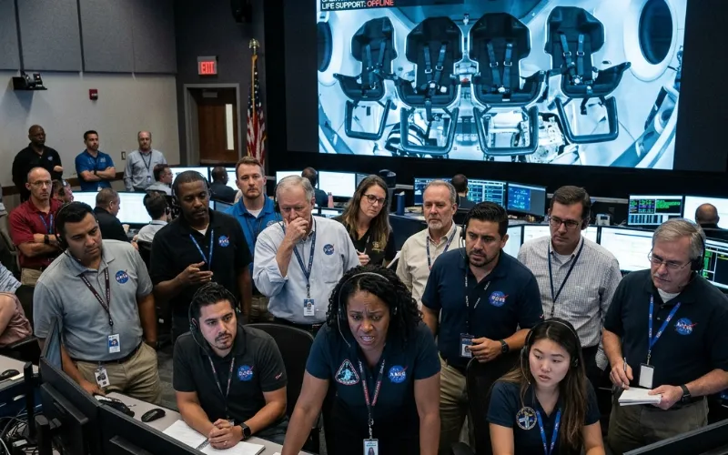 Interior of a SpaceX Crew Dragon spacecraft docked at the ISS, with empty astronaut seats and control panels visible.