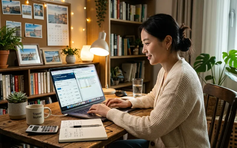 노트북으로 2026년 여름 휴가 항공권 숙박비 절약 계획을 세우는 사람의 모습