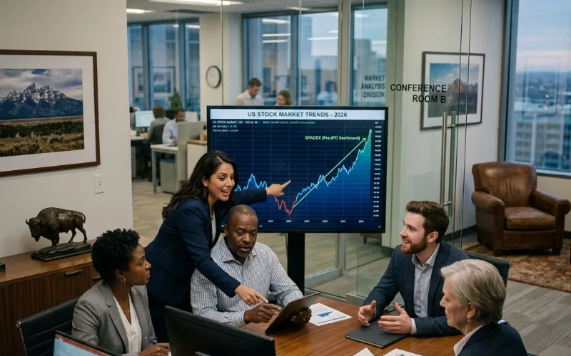 A graph showing the US stock market trends in 2026 with a SpaceX logo in the background