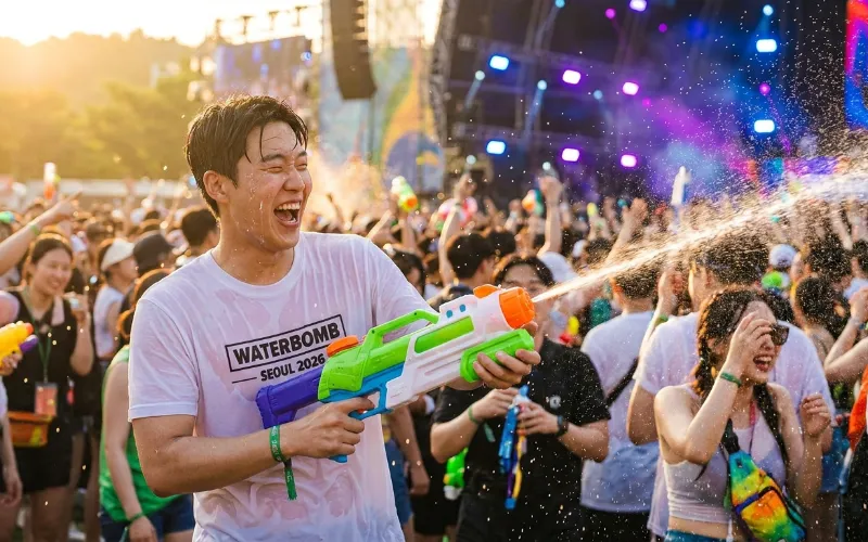 워터밤 서울 2026 페스티벌에서 물총 싸움을 즐기며 시원하게 더위를 식히는 수많은 관객들의 활기찬 모습