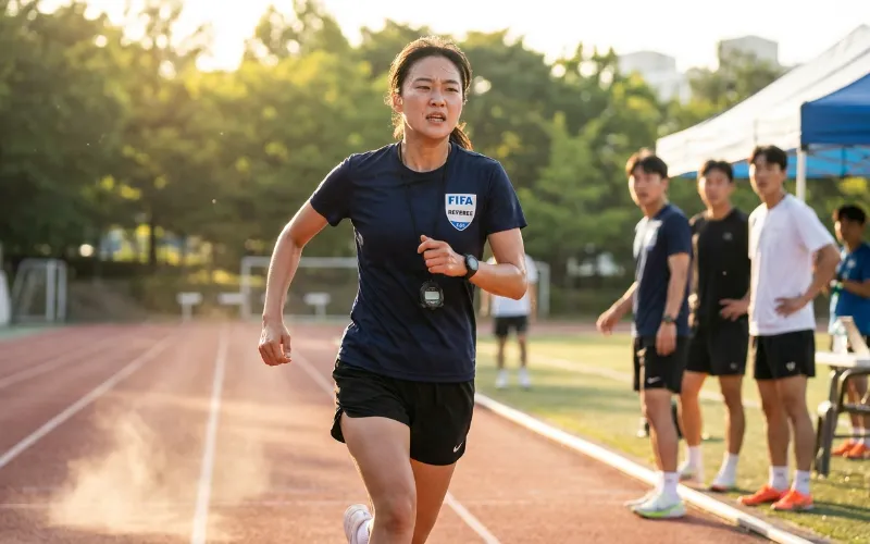 축구 심판 되는 법 - 축구 심판이 체력 테스트를 위해 트랙을 달리는 역동적인 모습
