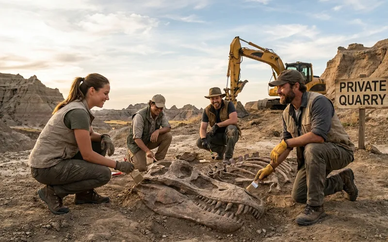 Paleontologists carefully excavating large dinosaur fossil bones from a dry dirt quarry on a South Dakota ranch.